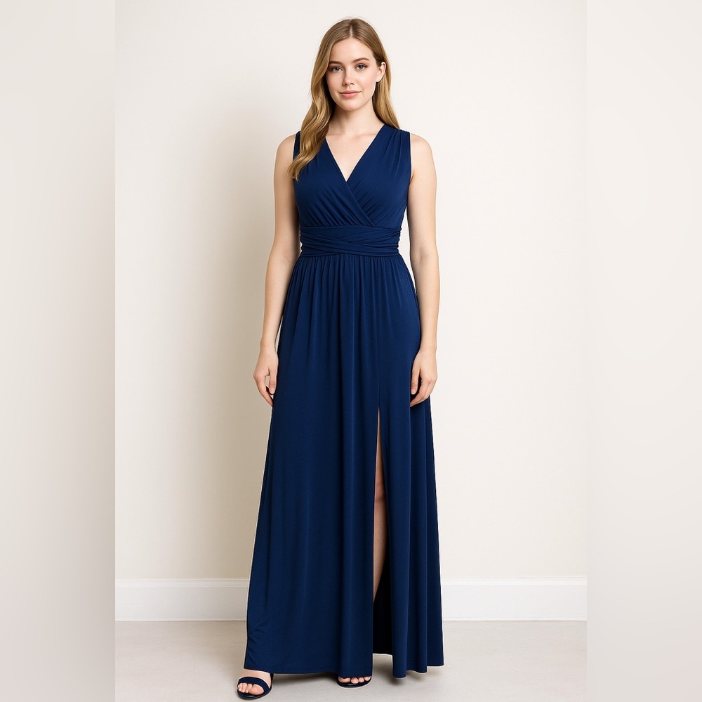 Koh‎ Koh navy blue wrapped front waisted maxi dress with front slit, M
